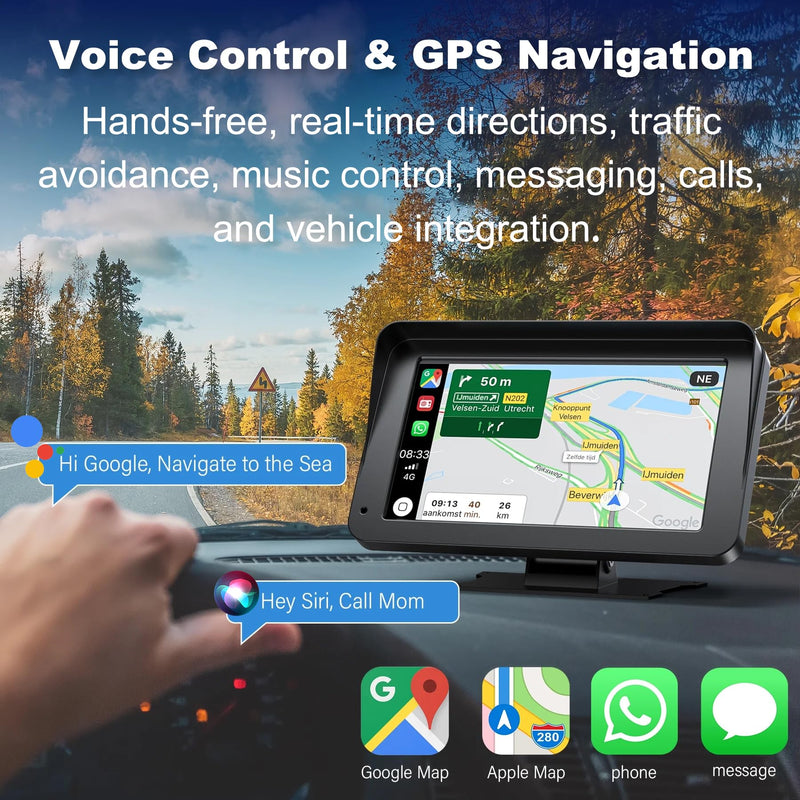 Wireless Carplay Screen for Car, 7" HD IPS Touch Screen Stereo for Apple Carplay & Android Auto,Bluetooth,Voice Control,GPS Navigation,Mirror Link | Plug-and-Play, Apple Car Paly for All Vehicle