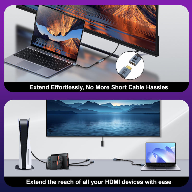 [2-Pack 16K HDMI Extension Cable,6.6FT/2M 8K 120Hz 4K 240Hz/480Hz, 96Gbps Braided EXT HDMI Extender Cord, Ultra High Speed Compatible with HDTV, Laptop,Series X,Chromecast, TV Stick 6.6FT+6.6FT/2M+2M