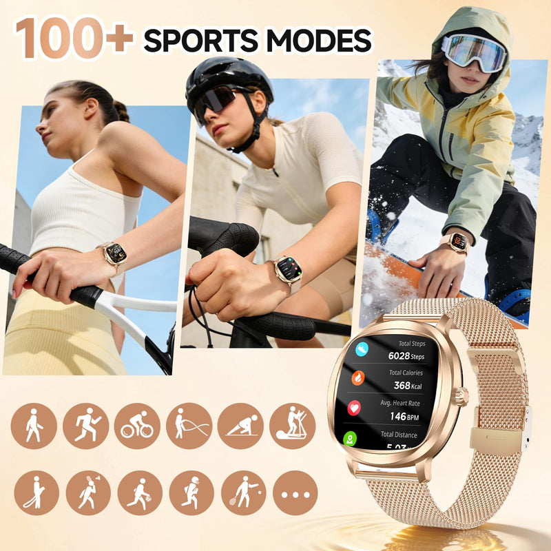 Smart Watch for Women, 1.72" Fitness Tracker with Answer/Make Calls, Sleep/Heart Rate Monitor, Smartwatch for Android iOS Support 100+ Sports Modes, IP68 Waterproof, Fitness Watch with 2 Band (Gold)