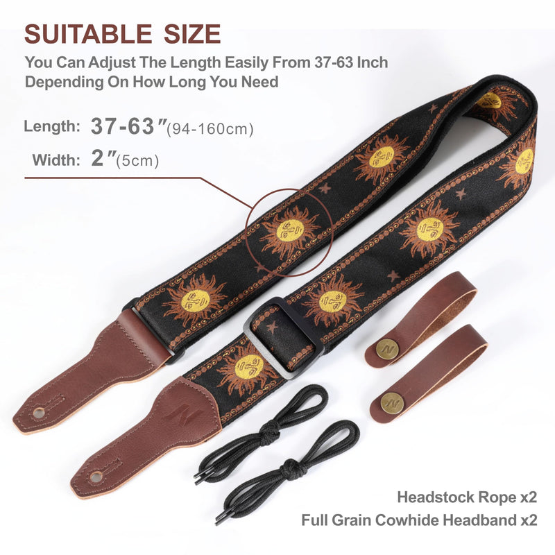Nefelibata Banjo Strap, 2" Wide Double Full Grain Cowhide Guitar Strap Adjustable Replacement,Multi-pattern Guitar Strap With Headstock Rope and Leather Headband(Sun God Embroidery) Sun God Embroidery