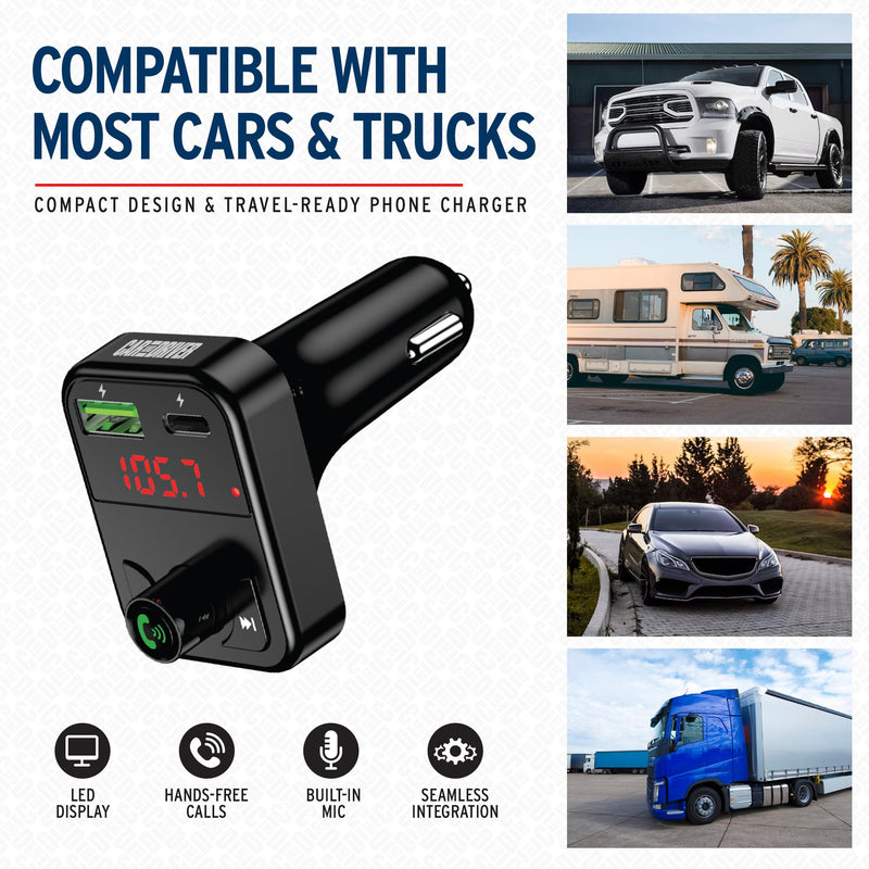 Car and Driver Bluetooth 5.3 FM Transmitter Charger, Dual USB Car Adapter with Fast 4.8 A Charging, Wireless Bluetooth Transmitter, Hands-Free Calling, Built-in Mic, LED Display, Micro-SD Card Slot