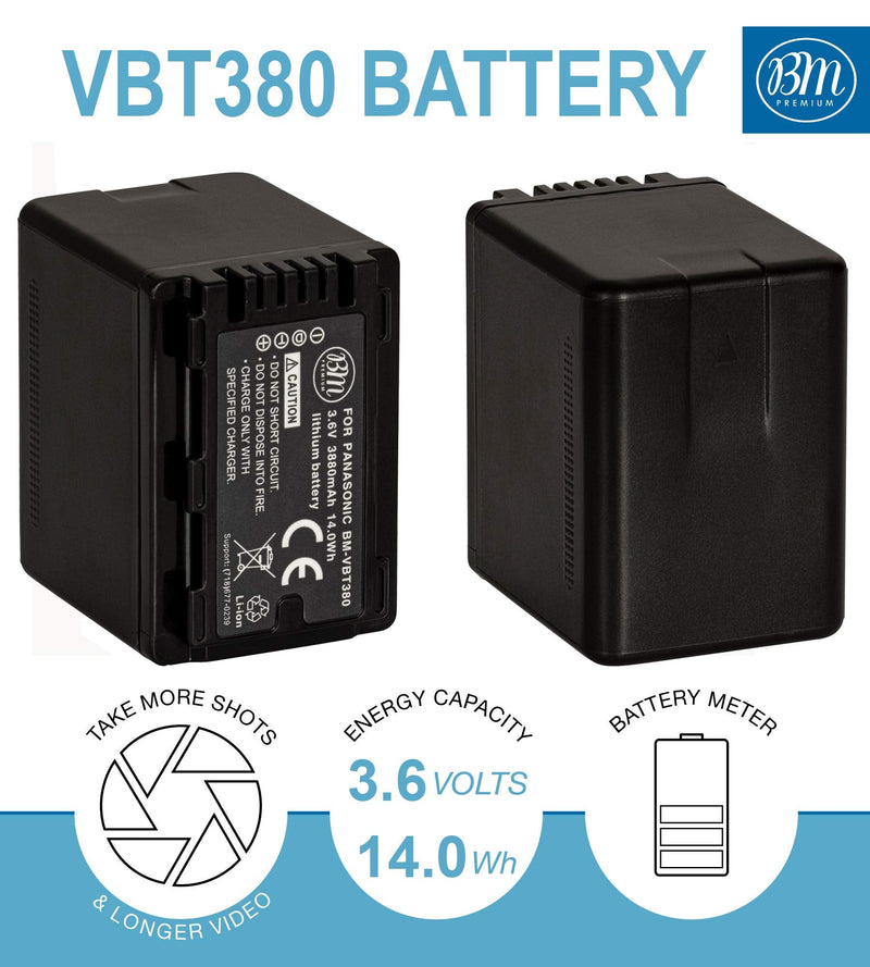 BM Premium 2 VW-VBT380 Batteries and Charger for Panasonic HC-V800K, HC-VX1K, HC-WXF1K, HCV510, HCV520, HC-V550, HCV710, HC-V720, HC-V750, HC-V770, HC-VX870, HC-VX981, HCW580, HC-W850, HC-WXF991