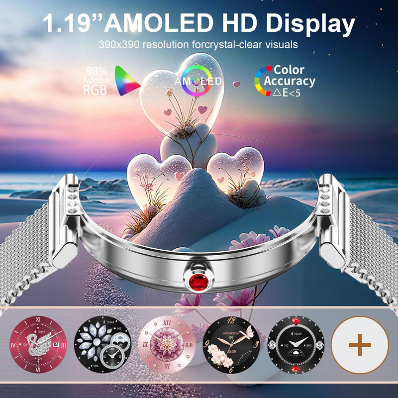Smart Watch for Women, 1.19" AMOLED Touchscreen Fitness Watch（Calls/Notifications）3 Straps, 24H Heart Rate/Sleep Monitor/Female Cycle, 120+ Sports Modes, IP68 Waterproof Smartwatch for Android iPhone Silver