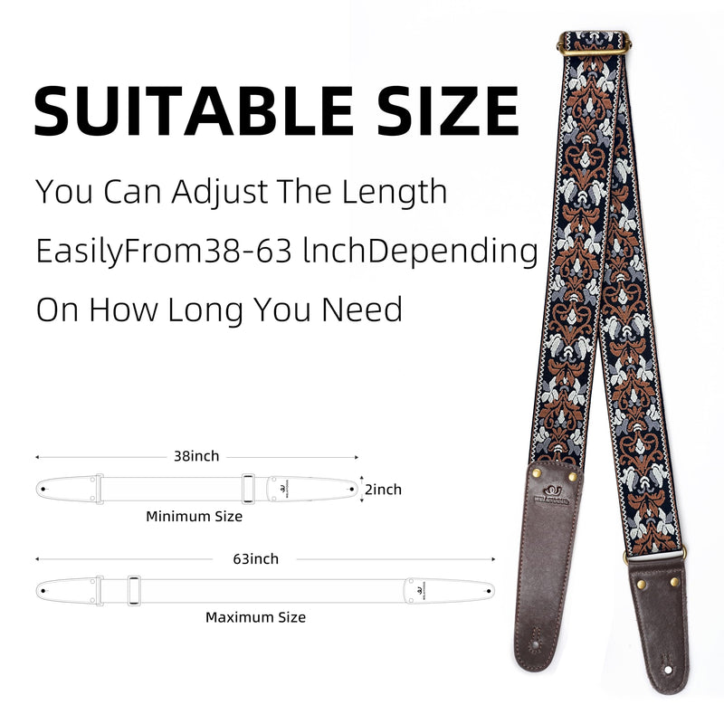 Guitar Strap, Jacquard Embroidered Cotton Guitar Straps with Double Sided Vegetable Tanned Cowhide Leather Ends for Bass, Electro Acoustic, Great Gift for Kids and Guitarists Brown Jacquard Lotus pattern jacquard in brown Adjustable 38-63 inches