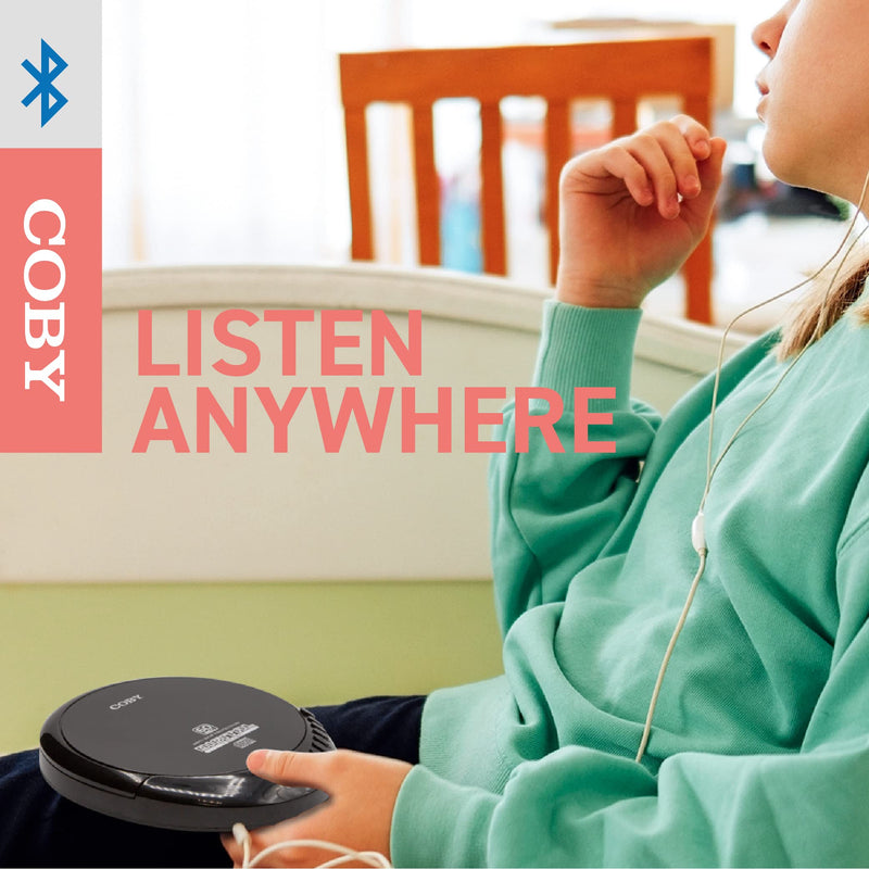 Coby CD Player Portable CD Player with Bluetooth, Earbuds, FM, AUX, MP3 Anti-Skip Compact Discman | Rechargeable, Lightweight CD Player for Car, Home
