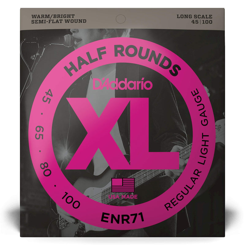 D'Addario Bass Guitar Strings, XL Nickel Half Rounds, ENR71, Long Scale, Regular Light Gauge 45-100, 4-String Set, Pack of 1 Light, 45-100