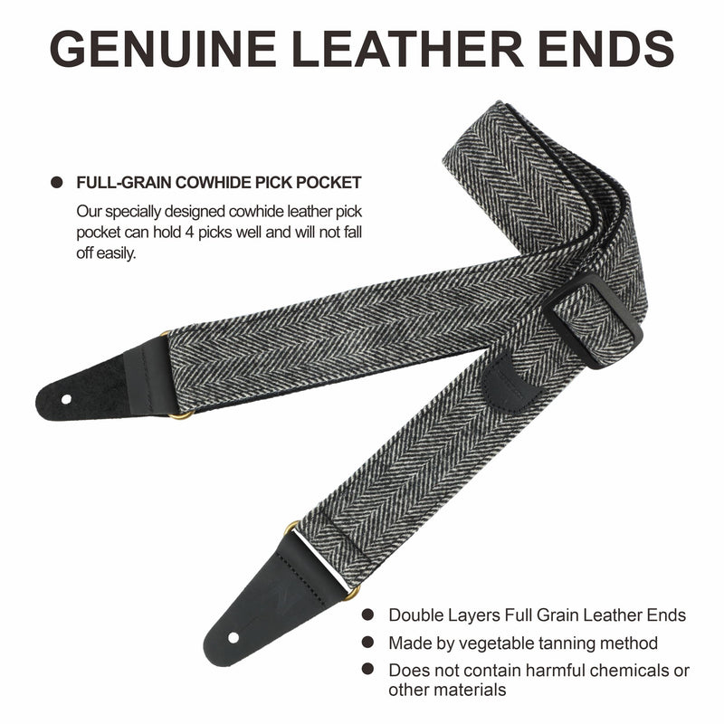 Nefelibata Guitar Strap, Soft Cashmere-containing Fabric Full Grain Leather End Guitar Straps for Bass, Electric and Acoustic Guitars, Come with Free Button, Locks and Guitar Picks Black & White Twill