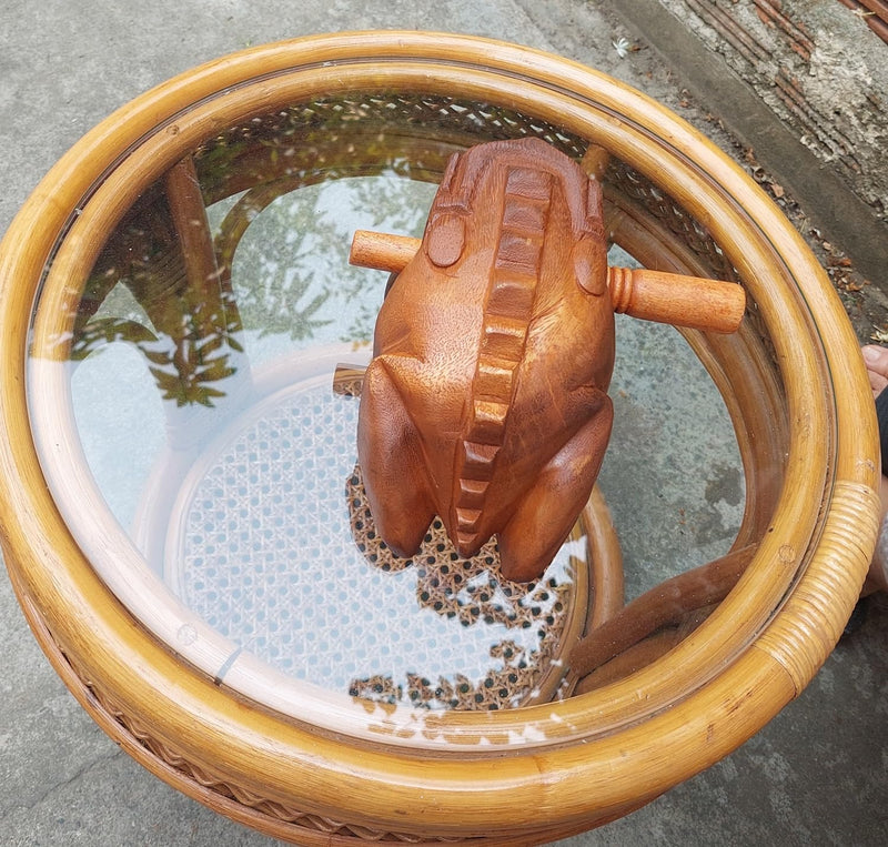 Extra Large 9" Wood Frog Guiro Rasp Percussion Instrument Tone Block Wooden Good Luck Frog Animal Shaped Figurine Handcraft Musical Instruments from Thailand Home Office Decoration (Tan) Tan