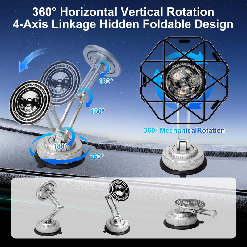 All-Metal Alloy Long Arm Magnetic Suction Cup Car Phone Mount(Silver) | Strong Powerful Magnetic Heavy-Duty Windshield Dash 360° Mechanical Rotation Cell Mobile Phone Vehicle Bracket for All Cars Silver