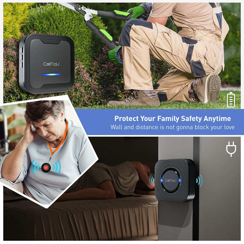 CallToU Wireless Caregiver Pager Call Button Nurse Calling Alert System Call Bell Elderly Patient Disabled with 2 Transmitters 1 Plug-in Receiver 1 Battery Portable Receiver 2 Call Buttons & 2 Receivers