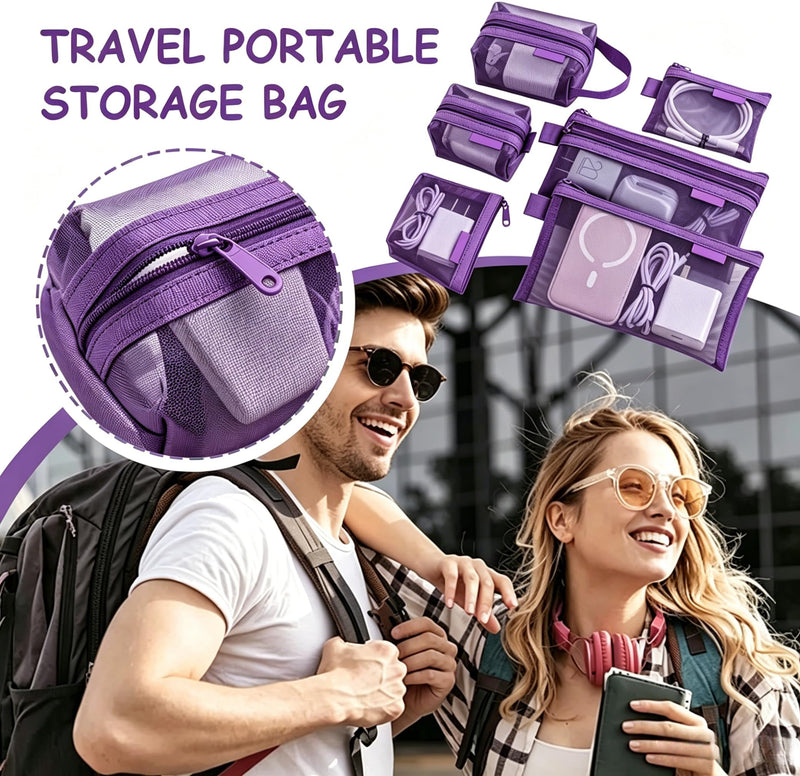 6Pcs Purple Mesh Zipper Pouch Set, Multi-Size Travel Organizer Bags for Electronics, Cosmetics, Cables, Portable See-Through Pouches