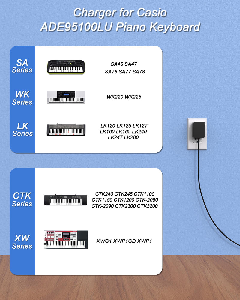 DC 9.5V for Casio Keyboard Power Cord ADE95100LU Compatible with Casio Keyboard Power Supply LK-135 WK-225 CTK-2500 CTK-2400 CTK-2550 CTK-1100 WK-220 LK-165 CTK-2090 SA-76 SA-46 Keyboard(5.9Ft Long)