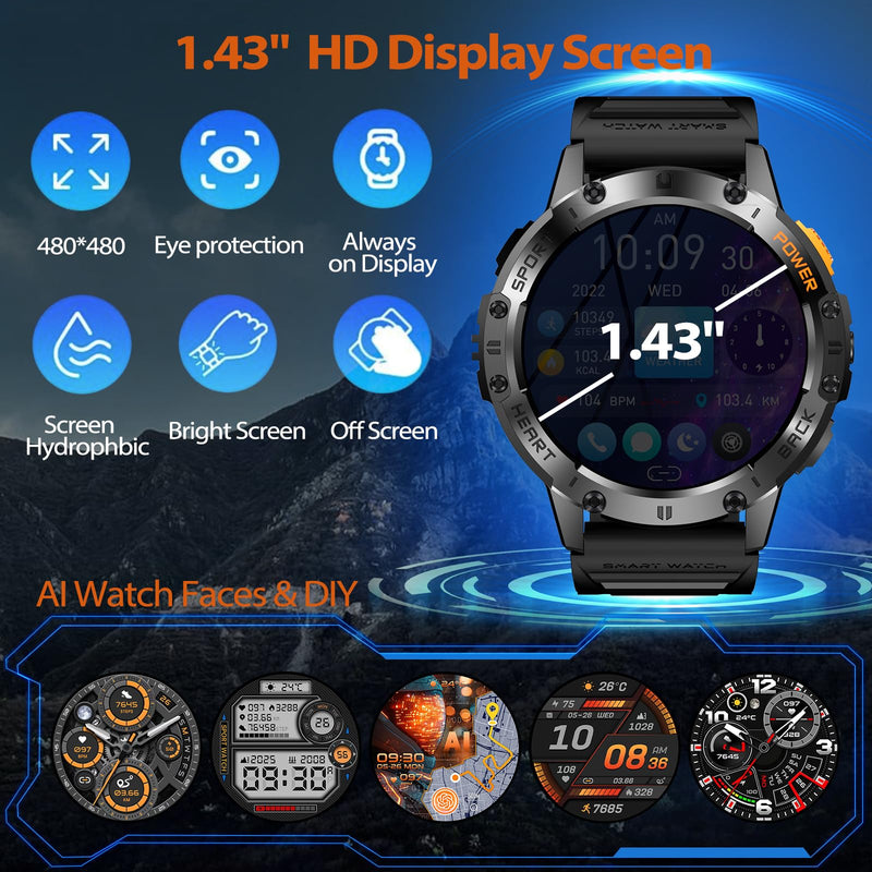 Military Smart Watches for Men, Answer/Make Calls, Fitness Tracker with Heart Rate/Sleep Monitor/3 Straps/Flashlight, 100+ Sport Modes, IP68 Waterproof Rugged Watch for iPhone/Android Phones, AllBlack