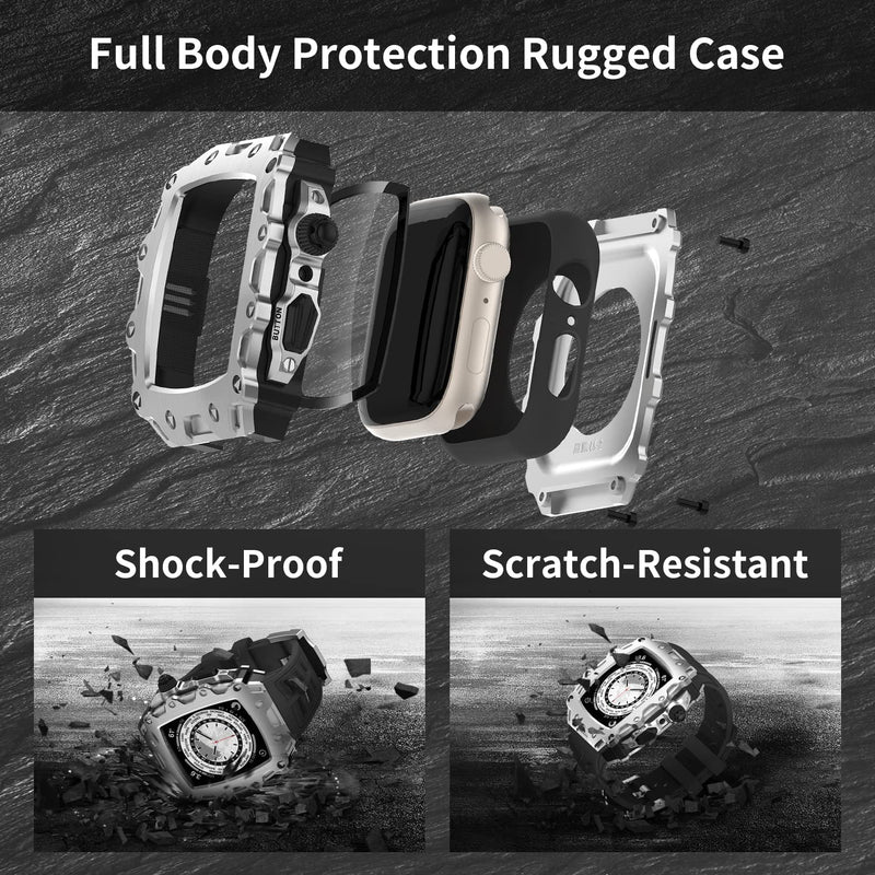 Luxury Rugged Case with Band Compatible for Apple Watch Series 9 8 7 45mm / SE 6 5 4 44mm, Metal Alloy Military Protective Bumper Cover, Tactical Heavy Duty Full Body Protection for Men iWatch Silver Black