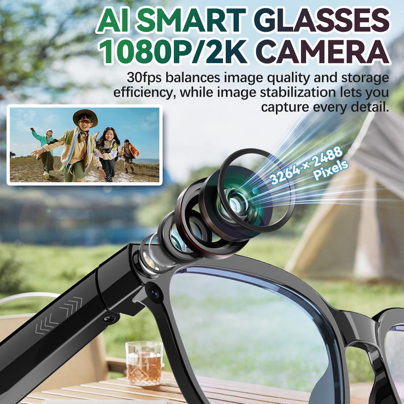 AI Smart Glasses with Camera,8MP HD Bluetooth Camera Glasses with ENC Noise Reduction,Replaceable Lenses,Voice Control,Music Playback,for Travel,Outdoor&Business