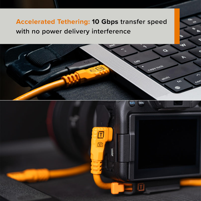 Tether Tools TetherPro Optima 10G USB-C Exclusive Data Transfer Cable | Straight to Right Angle Cable | TetherBoost Signal Technology | Immediate Camera Recognition 6' (1.8m) Orange
