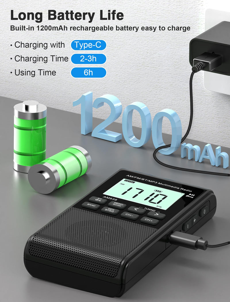 [AUSTRALIA] - Pocket Radio with AM FM-1200mAh Rechargeable Radio-Portable Transistor Radio with Best Reception, Bluetooth Receiver,5W Big Speaker,LCD Screen,Earphone Jack,Support SD Card and USB Player for Jogging Black 