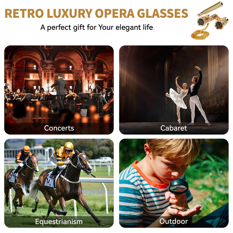 3X25 Opera Glasses Binoculars with Adjustable Handles Exquisite Chain,BK7 HD Optical Lens for Theater Binoculars, Theater Glasses for Adults (Gold) gold