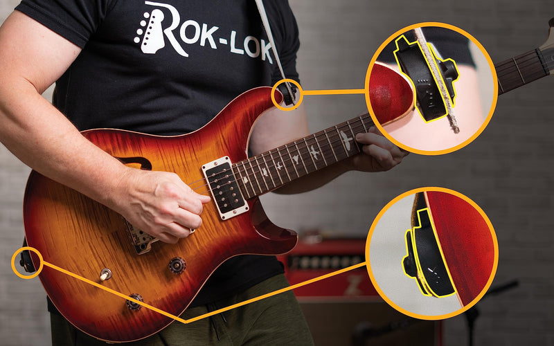Rok-Lok PRO Guitar Strap Lock 2 PACK- Universal Strap Lock Sets with Anti-Scratch Coating for Electric, Acoustic & Bass Guitars- Guitar Locks with Rubberized Protection- No Mods, No Tools Needed PRO 2-Pack