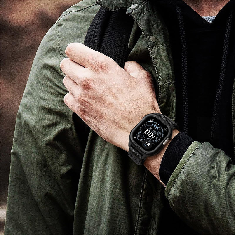 Bandletic Rugged Compatible with Apple Watch Ultra 3/2 Band 49mm with Case | Military Grade Nylon Bands Shockproof Tactical TPU Bumper Protective Men Women,Includes Screen Protector Kit (Black L,49mm) Black Large-49mm (Ultra 3/2/1)