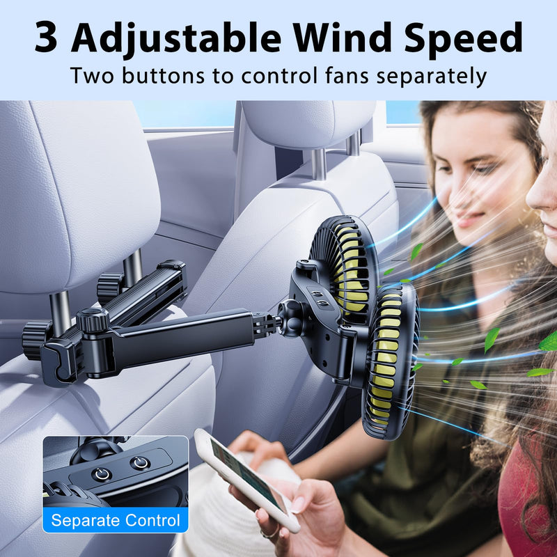 Rechargeable Fan for Car Backseat Kids with Retractable Long Arm | 360° Rotatable 3 Speeds Separate Control Car Seat Fan for Dogs Kids for Vehicles SUV RV, With Car Charger & USB C Cable Yellow - Battery