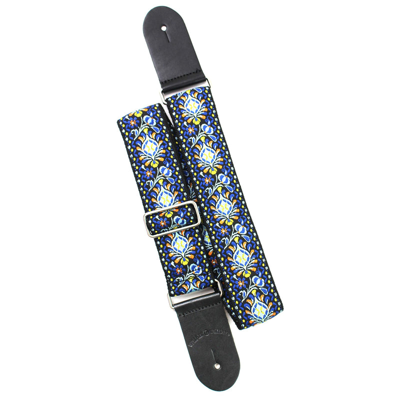 Walker & Williams H-29-CHR Vintage Series Blue Cheer Woven Hippie Guitar Strap With Brushed Nickel Hardware And Thick Leather Ends For Acoustic, Electric, And Bass Guitars