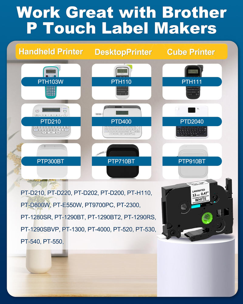[AUSTRALIA] - 8 Pack Label Maker Tape 12mm 0.47 Laminated White Replacement for TZe-231 Brother Label Tape, AZe-231 Black on White Label Tape Compatible with Brother P Touch Label Maker PTD210 PTH110 PTD220 PTD400 8 