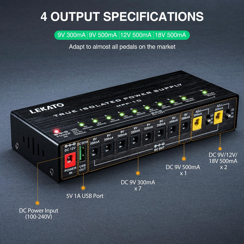 LEKATO Guitar Pedal Power Supply, True Isolated Pedal Power Supply with 10 Ports, USB Port, Short Circuit Protection, Guitar Pedal Power DC Output 9V 12V 18V for Effect Pedal