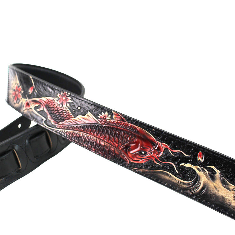 [AUSTRALIA] - Walker And Williams KB-24 Black & Ruby Red 2" Premium Carved Grain Leather Guitar Strap With Koi Fish Design For Acoustic, Electric, And Bass Guitars 