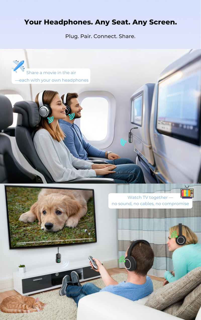 [AUSTRALIA] - Bluetooth Transmitter Receiver 2-in-1: Car Handsfree Mic, TV & Airplane Audio | Connect 2 Headphones | 18-Hr Battery 