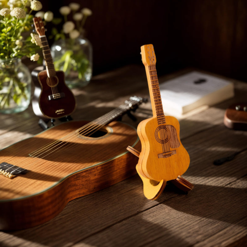 Wooden guitar pick case, with stand, wooden acoustic guitar pick box，3 wooden guitar picks, guitar shape replica guitar pick case, suitable for bass guitar ukulele lovers guitar pick case.
