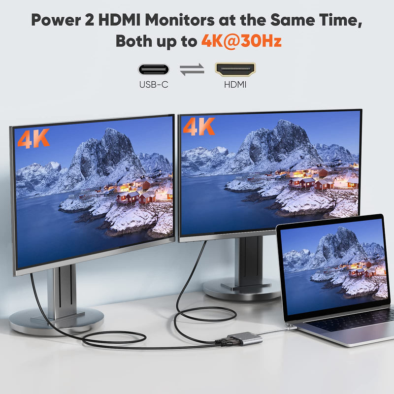 USB C to Dual HDMI 4K, CableCreation USB Type C (Compatible Thunderbolt 3) to 2 HDMI Adapter, Compatible with MacBook Pro 2019/2018/2017,XPS 13/Surface Book 2,Chromebook Pixel, Yoga 710, Aluminum Gray Dual HDMI 4K@30Hz