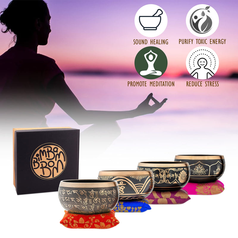 BimBamBom Singing Bowls – Hand Crafted Tibetan Singing Bowl w/Mallet & Cushion, Meditation Bowl For Yoga and Holistic Healing, Stress Relief, Brass 4” Auspicious Symbol Deep Sound Prayer Bowl Pink