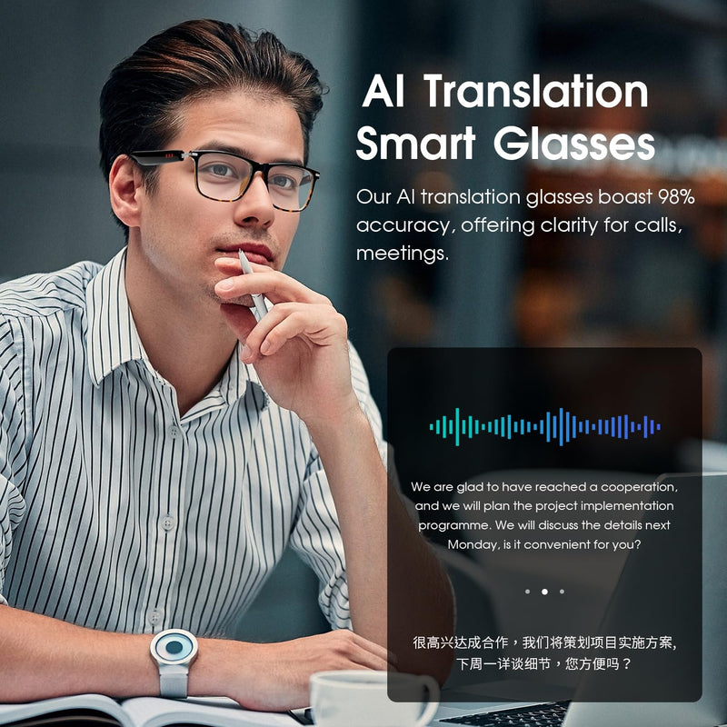 AI Smart Glasses for Men & Women, Bluetooth Smart Glasses with 165+ Languages, Photochromic Lenses, AI Assistant, Touch Control & IPX5 Water-Resistant for Travel & Work(Blue) Blue-AI