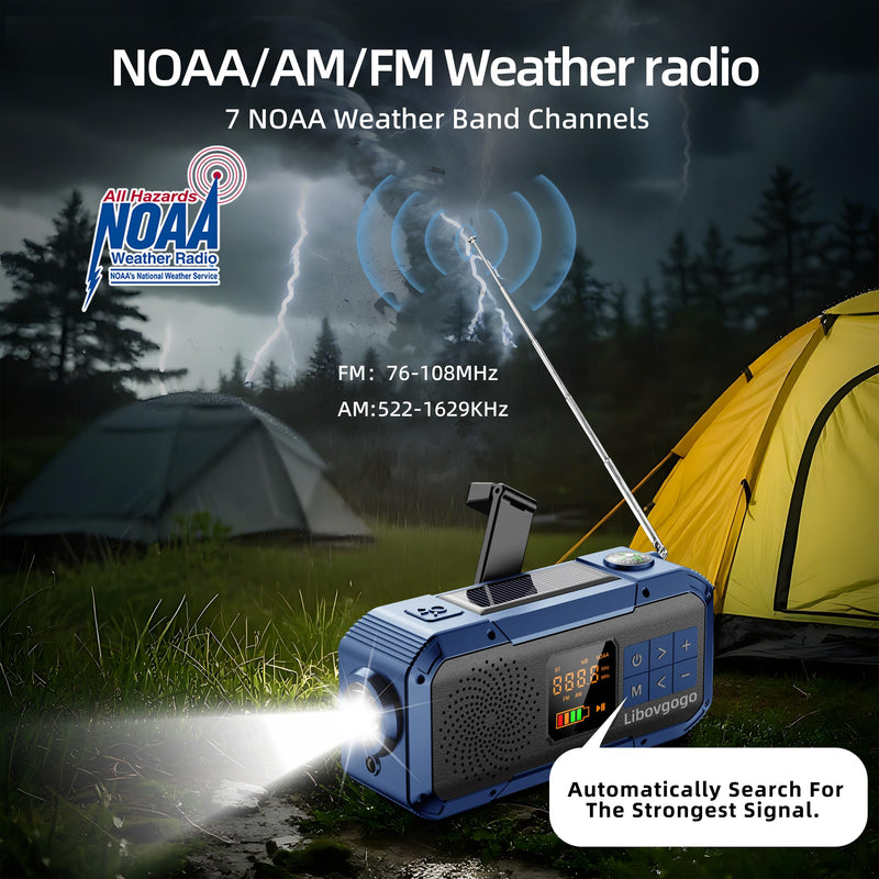 Emergency Weather Radio with IPX5 Waterproof Portable Bluetooth Speaker,USB-C Solar Hand Crank,NOAA Alarm AM FM Radio,Flashlight,SOS Alarm,2000mAh Cell Phone Charger for Camping and Survival (Blue) BLUE