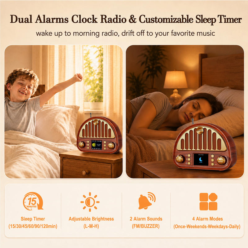 Eoxsmile Retro Portable FM Radio with NOAA Weather Alert & Bluetooth | MicroSD playback, 40 presets, dual alarms, sleep timer, clock/date display, 3000mAh rechargeable battery for bedroom and home