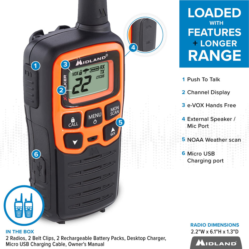 Midland- T51VP3 X-TALKER Spotting and Recovery Walkie-Talkie Long Range - FRS Two Way Radio for kids Caravanning with NOAA Weather Scan + Alert, 38 Privacy Codes - Black/Orange - 2 Pack