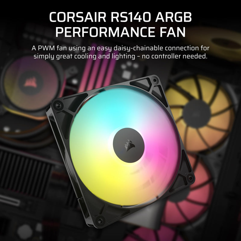 CORSAIR RS140 ARGB 140mm PWM Fan – Daisy-Chain Connection – Low-Noise – Magnetic Dome Bearing – Single Pack – Black 1 x 140mm