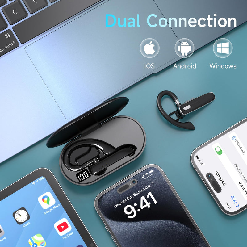 Wireless Single Ear Bluetooth V6.1 Headset, Business Earpiece with Mic | CVC8.0 Noise Cancelling,100H Playtime, LED Display, Dual Device Pairing, Mute Button for Office, Driving, Trucker Black