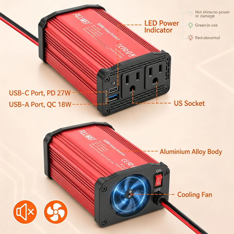 ALLWEI 300W Power Inverter DC 12V to 110V AC, Compact Car Plug Adapter Outlet with 27W PD USB-C &18W USB-A Fast Charging, Cigarette Lighter Adapter Car Charger for Phone - Red and Black