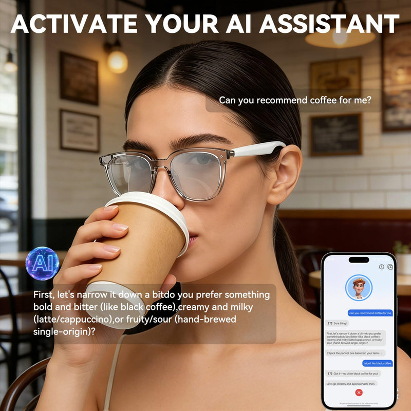 AI Smart Glasses, Bluetooth Glasses for Men & Women, Open-Ear Music & Calls | Touch Control,Voice Assistant,Audio Recording,Real-Time Translation,35g Lightweight for Business Meetings, Travel & Daily Use White Frame-Transparent Lens(Style1)