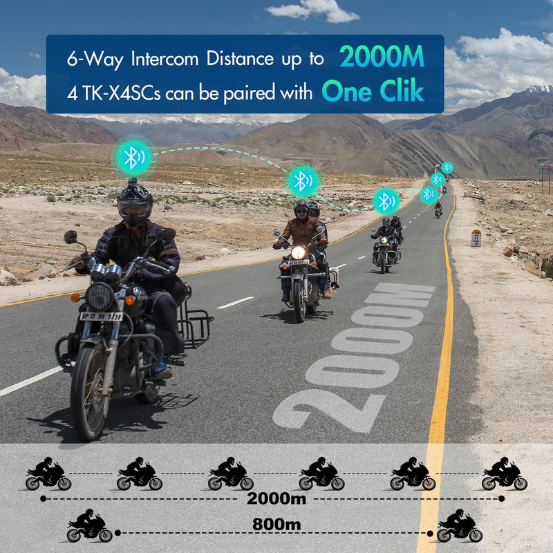 Motorcycle Helmet Intercom, TK-X4SC Helmet Bluetooth Headset for 6 Riders Up to 2000m, Music Share/Noise Reduction/Bluetooth 5.4/LCD Screen, Motorcycle Headphones(1 Pack) TK-X4SC Single