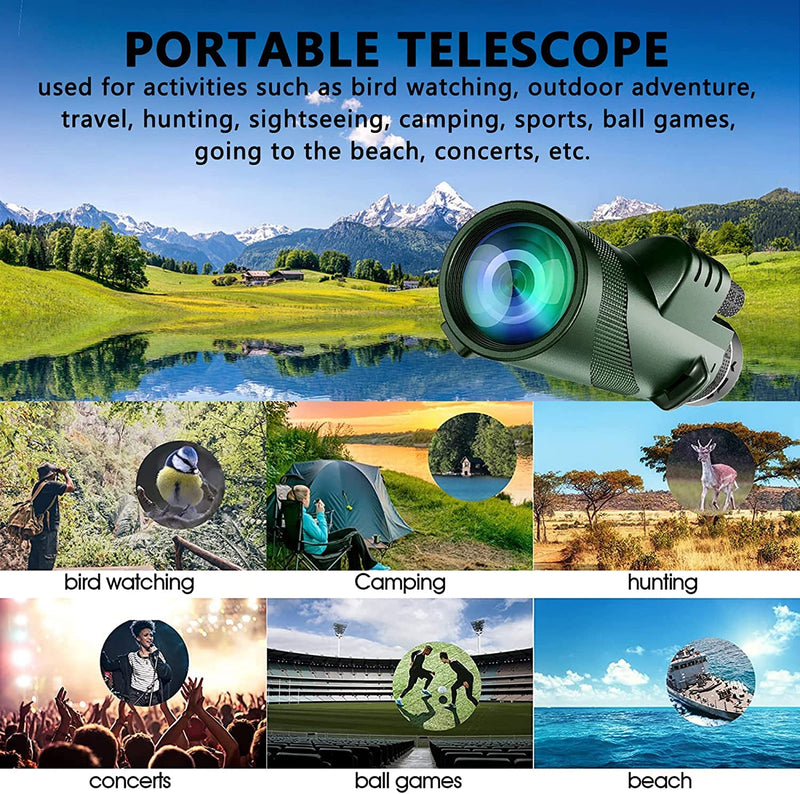 80x100 Monocular-Telescope High Powered Monocular for Adults Monocular for Smartphone Adapter Monocular Telescope Hunting Wildlife Bird Watching Travel Camping Hiking Green