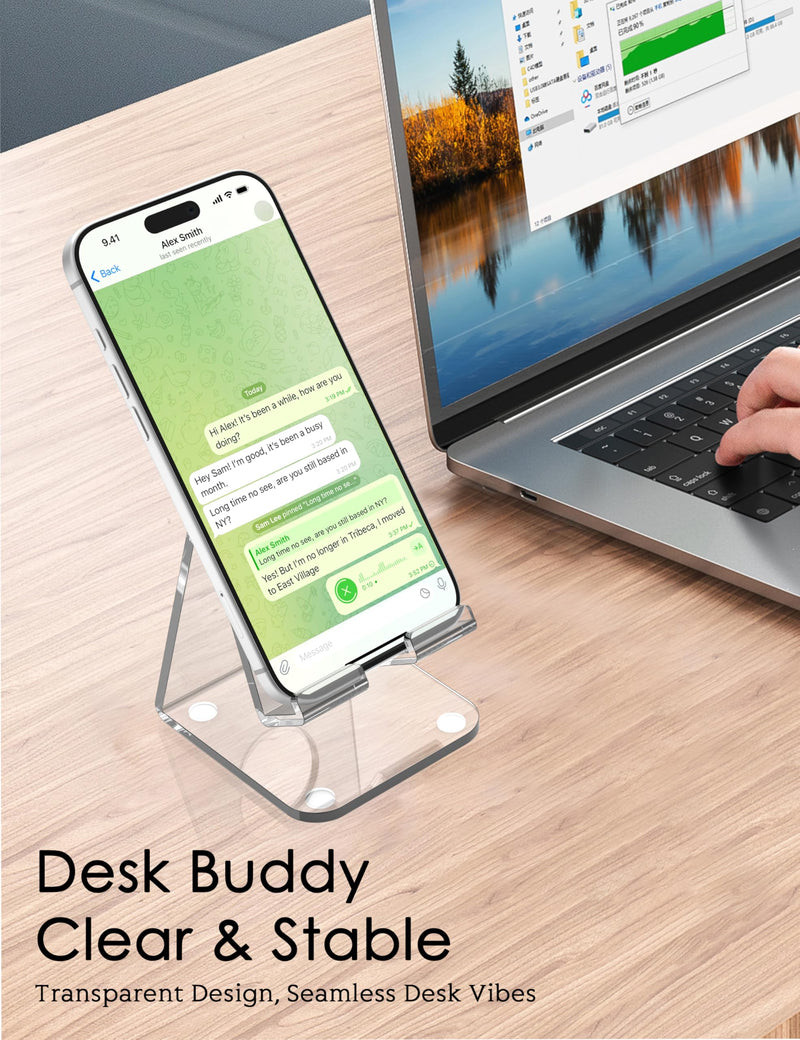Acrylic Cell Phone Stand for Desk, Clear Thickened Phone Holder with Stable Desktop Design, Portable Transparent Stand Compatible with iPhone, Android Smartphones, 4–8 Inch Devices, Clear