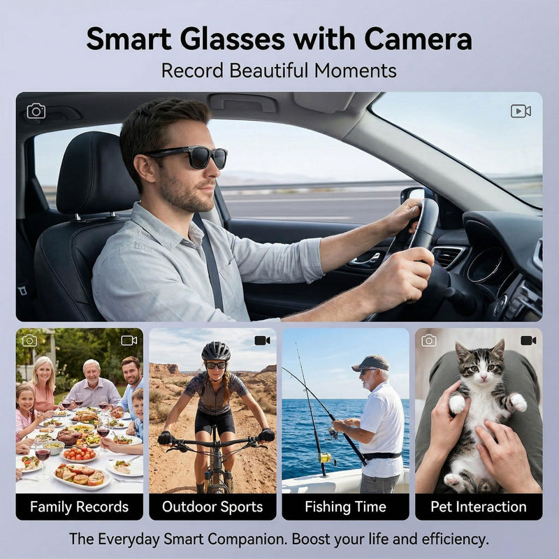 AI Smart Glasses with Camera, 1080P HD POV First-Person View Video Recording and Translator, AI Object Recognition, Bluetooth Audio, 290mAh Battery, Photochromic Lenses for Sports, Travel, Work