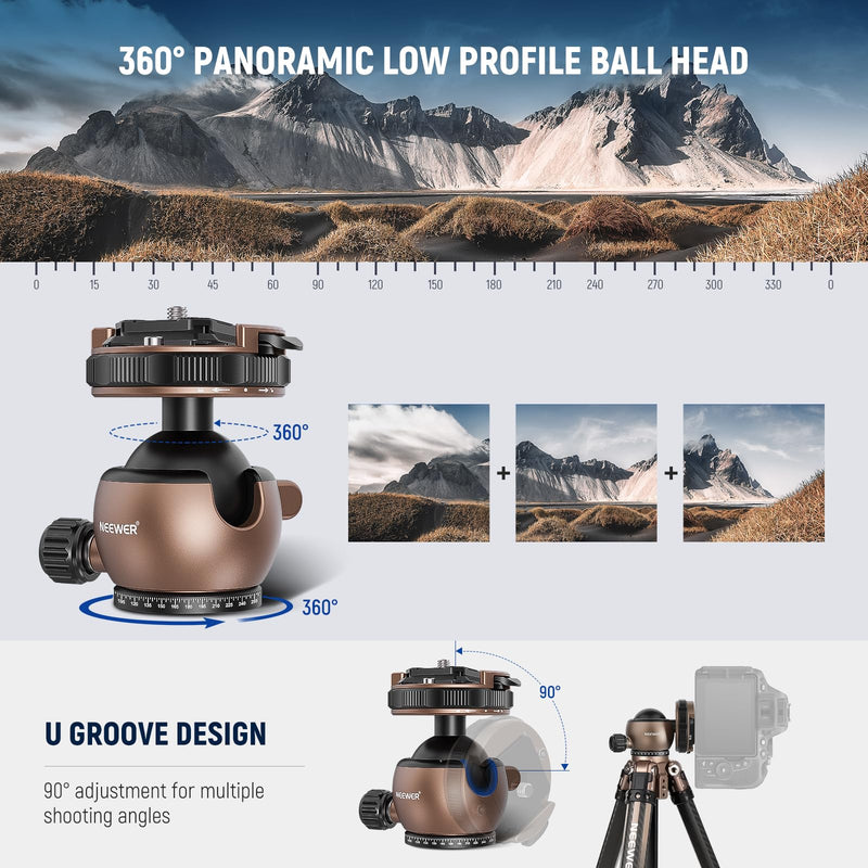 NEEWER Tripod Ball Head Mount Adapter, Low Profile Tripod Head Camera Ball Mount, Quick Lock with 1/4" QR Plate Compatible with Peak Design Capture Camera Clip, 360° Pan 90° Tilt, Max Load 22lb, GM32