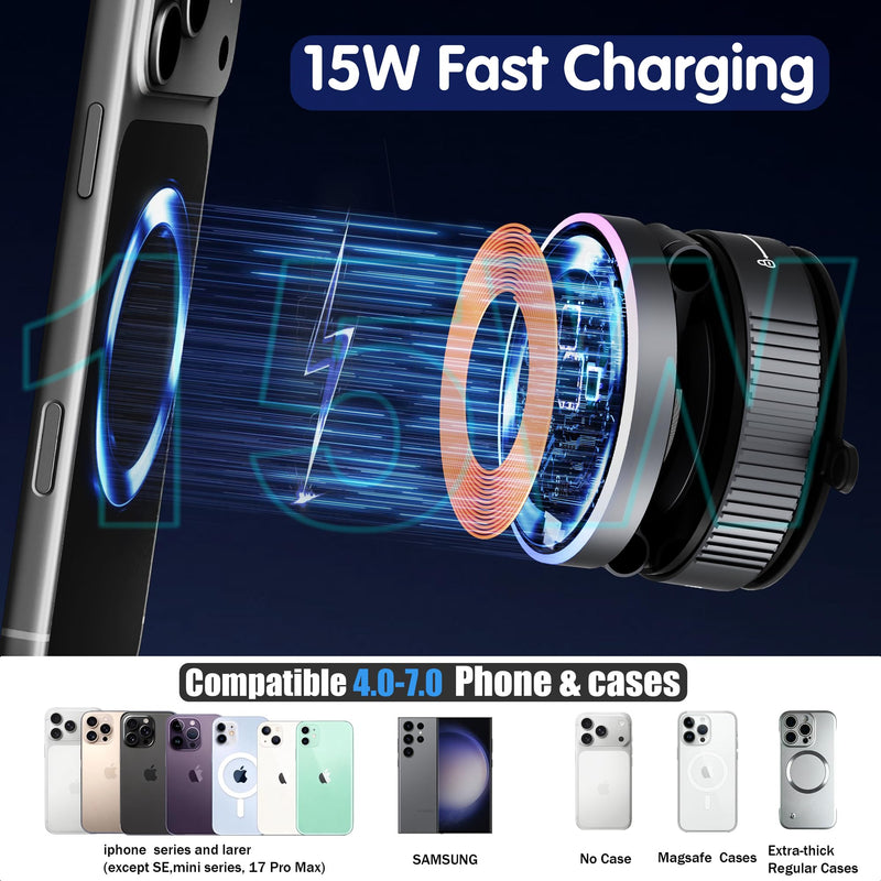 Magnetic Phone Holder for Car Wireless Charging, 15W Fast Wireless Car Charger with Vacuum Suction, 360° Adjustable Magnetic Mount for Dashboard & Windshield, Hands-Free for MagSafe iPhone & Android for Magnetic General PM