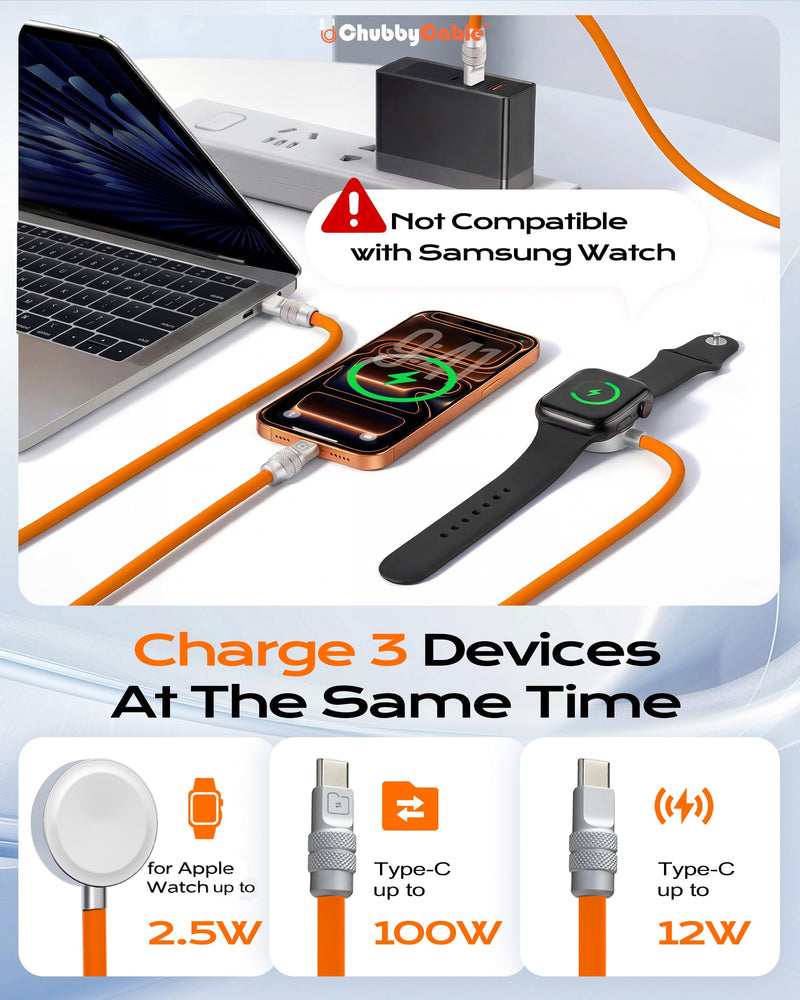 chubbycable 3 in 1 Silicone USB C Cable for Apple Watch, Orange, 4.1FT | Travel Essentials, 100W Fast Charging, Strong Magnetic, 480Mbps Data Transfer, E-Marker Safety Chip, 45,000+ Bend Tested