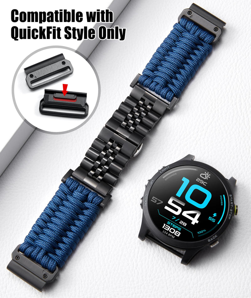 BINLUN Compatible with Garmin Watch Band 22mm Braided 550 Paracord Stainless Steel Sport Strap Fit for Quickfit Fit for Fenix