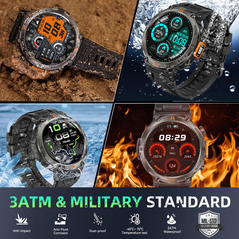 Military Smart Watches for Men Built-in GPS 3ATM Waterproof LED Flashlight | 1.45" Rugged Tactical Smartwatch with Compass/110+ Sports Modes Fitness Tracker with HR/SPO2/Sleep Monitor for iPhone Android Black orange